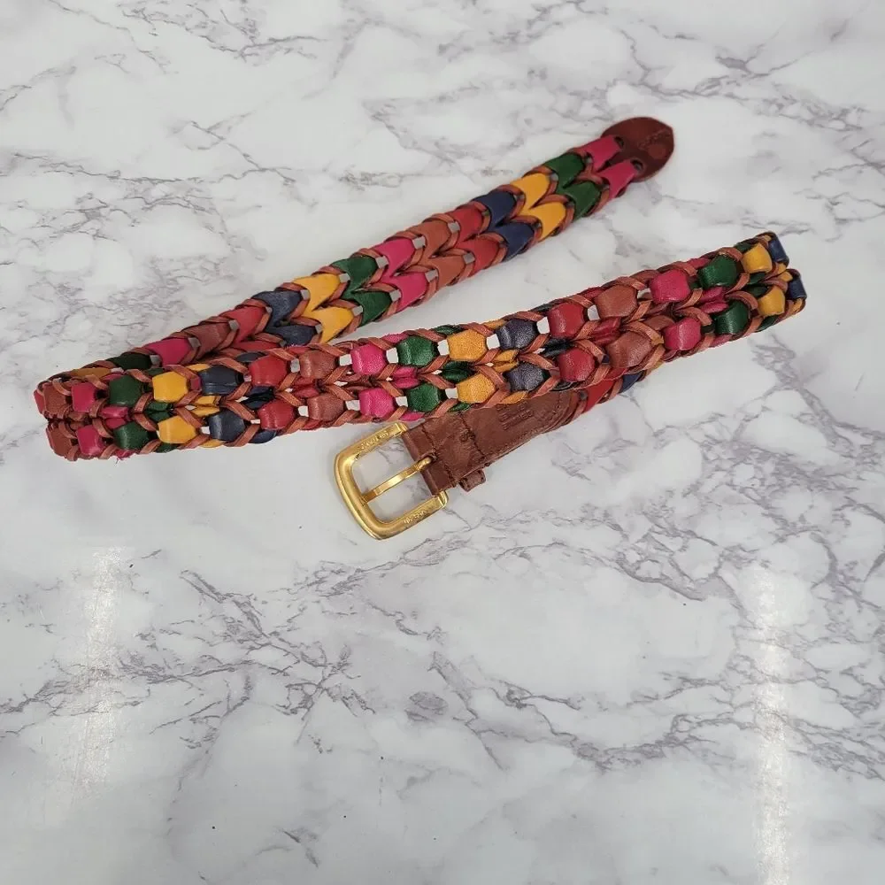 Vintage Woven Multicolor Leather Belt with Gold Tone Buckle
